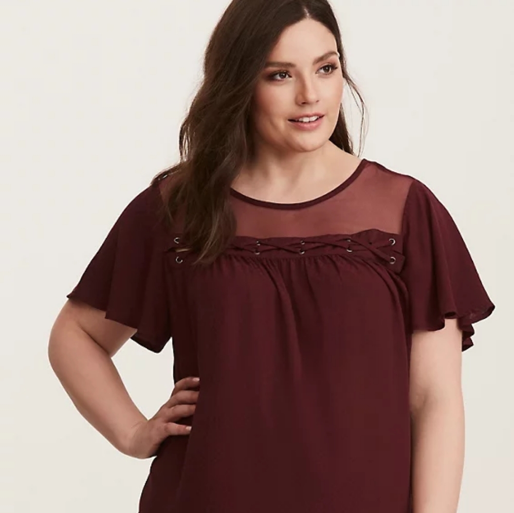 Lace Up Trim Mesh Inset Blouse